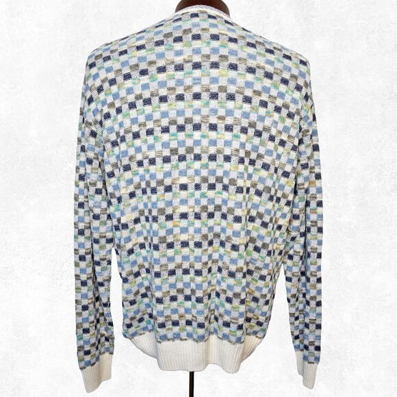Franco Danti Italy Blue Green Checkerboard Cotton Blend Crewneck Sweater-Mens L - Picture 6 of 6